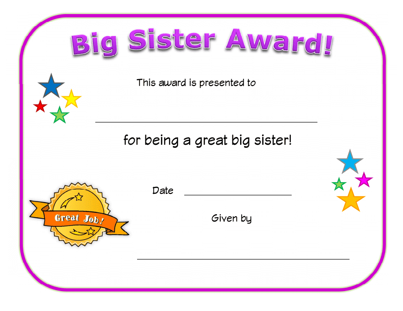 Big Sister Award Certificate Template