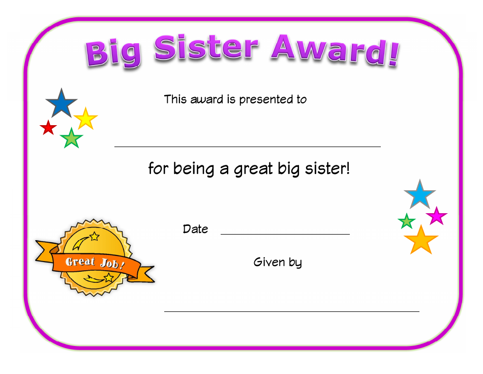 Big Sister Award Certificate Template - Preview Image