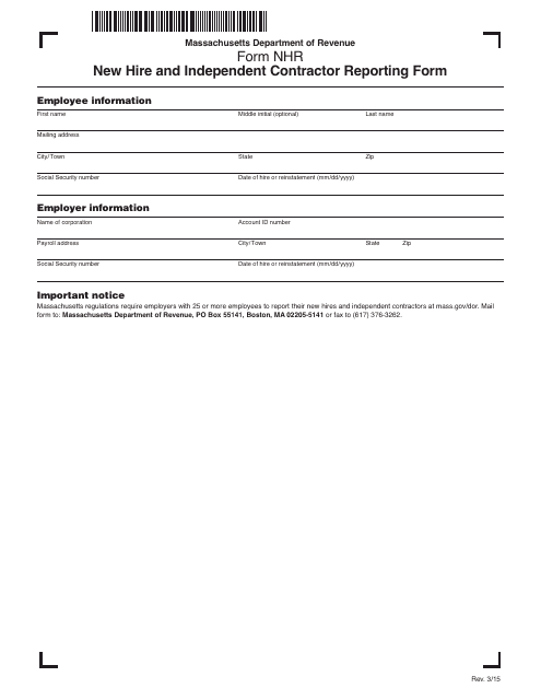 Form NHR New Hire and Independent Contractor Reporting Form - Massachusetts