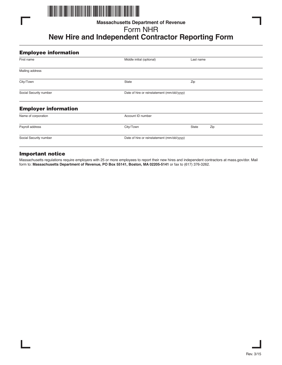 Form NHR New Hire and Independent Contractor Reporting Form - Massachusetts, Page 1