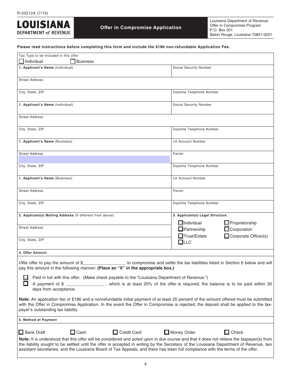 Form R-20212A Offer in Compromise Application - Louisiana, Page 1