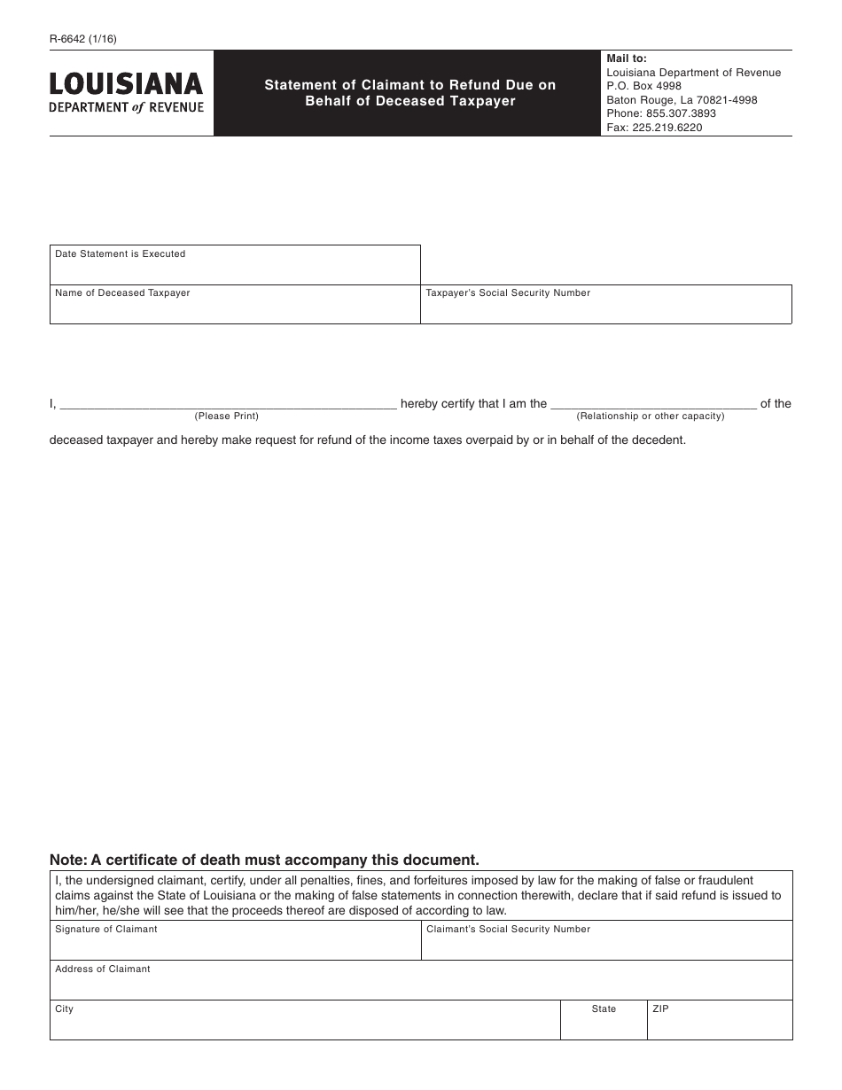 Form R-6642 Statement of Claimant to Refund Due on Behalf of Deceased Taxpayer - Louisiana, Page 1