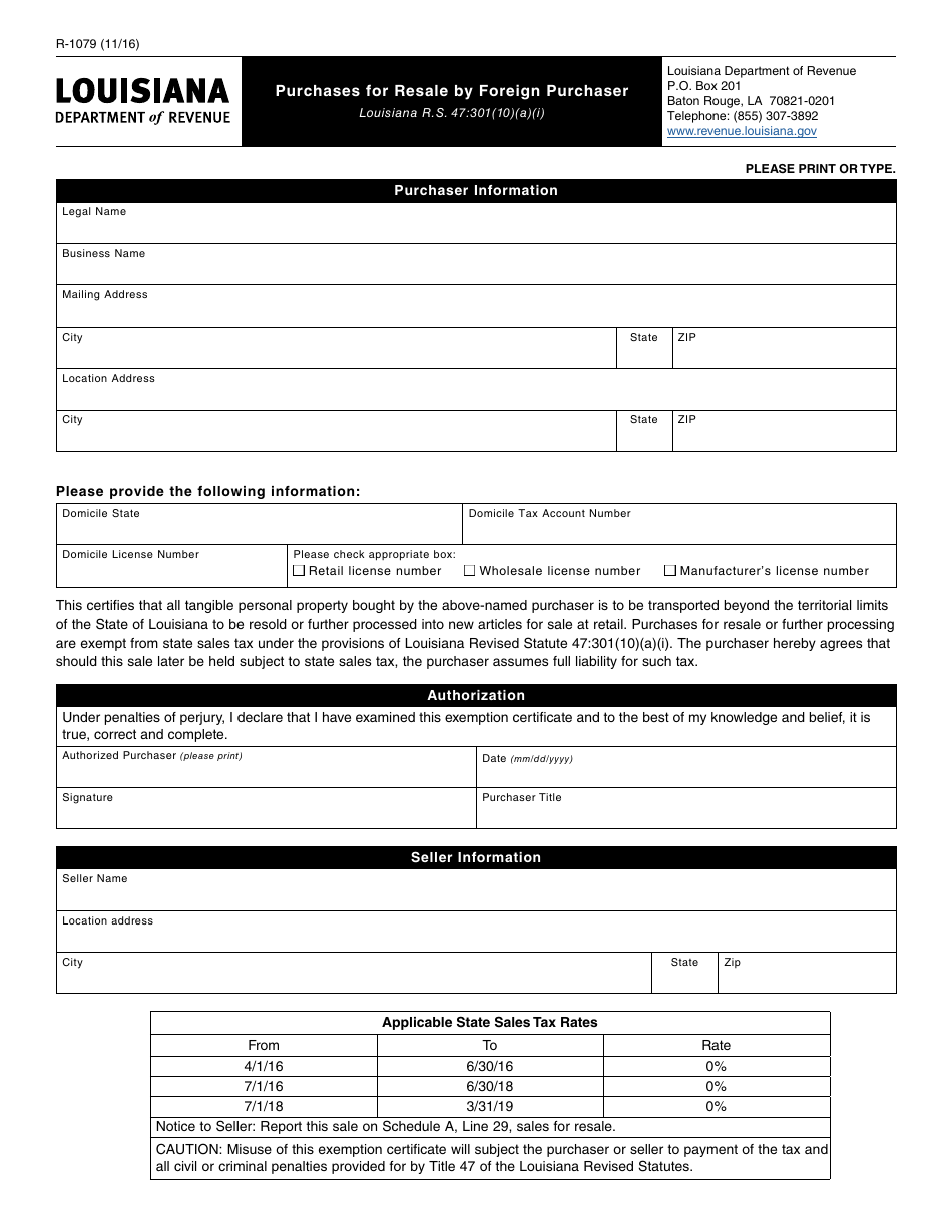 Form R-1079 Purchases for Resale by Foreign Purchaser - Louisiana, Page 1