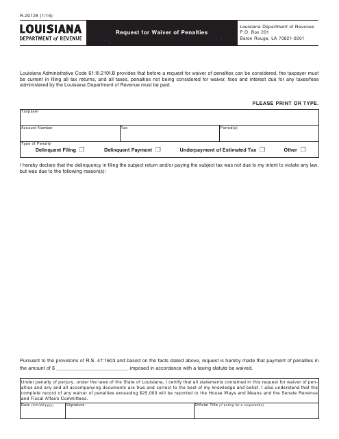 Form R-20128 Request for Waiver of Penalties - Louisiana