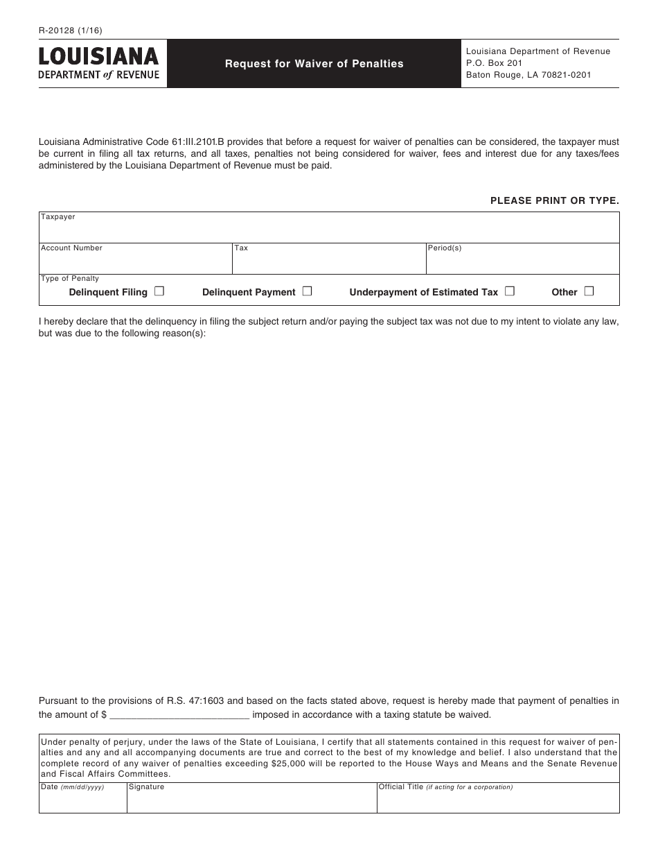 Form R-20128 Download Fillable PDF or Fill Online Request for Waiver of Penalties Louisiana ...