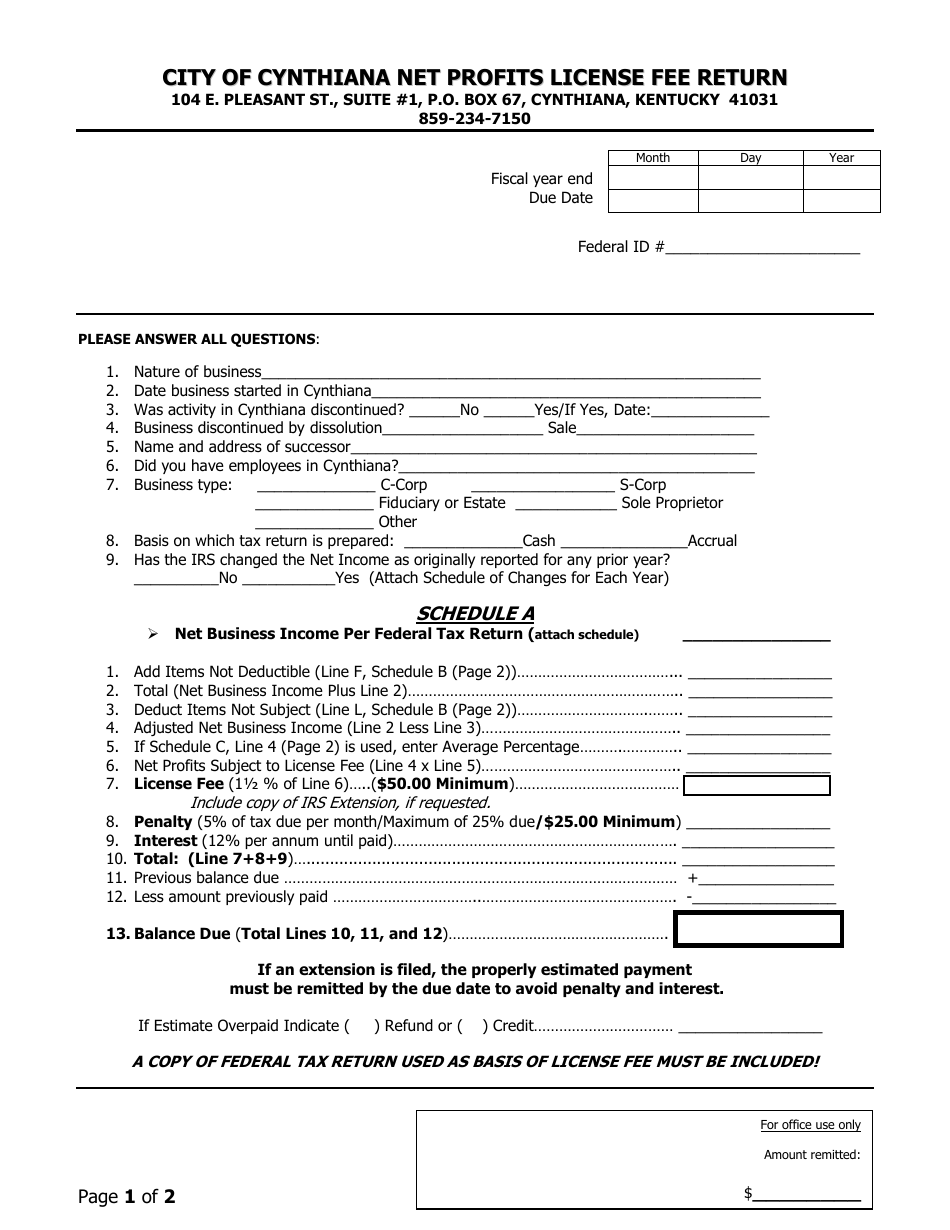 Net Profits License Fee Return Form - City of Cynthiana, Kentucky, Page 1