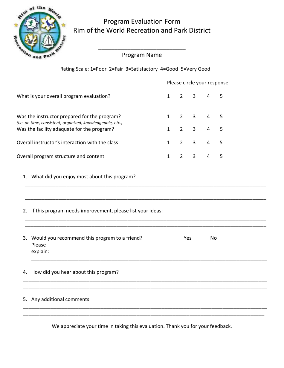 Program Evaluation Form - Rim of the World Recreation and Park District, Page 1