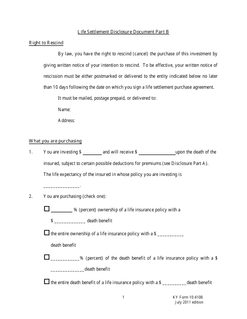 Form 10:410B Life Settlement Disclosure Document Part B - Kentucky