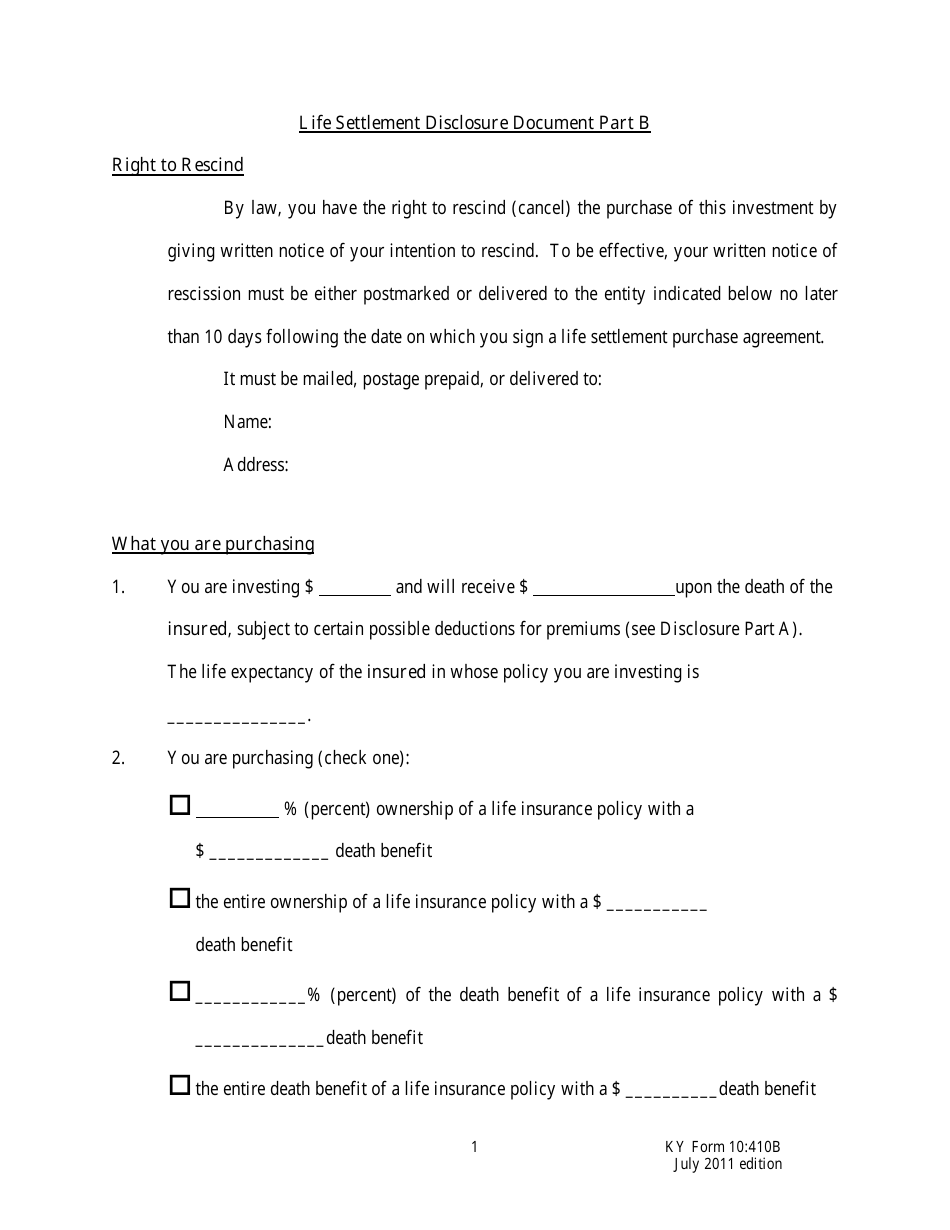Form 10:410B Life Settlement Disclosure Document Part B - Kentucky, Page 1