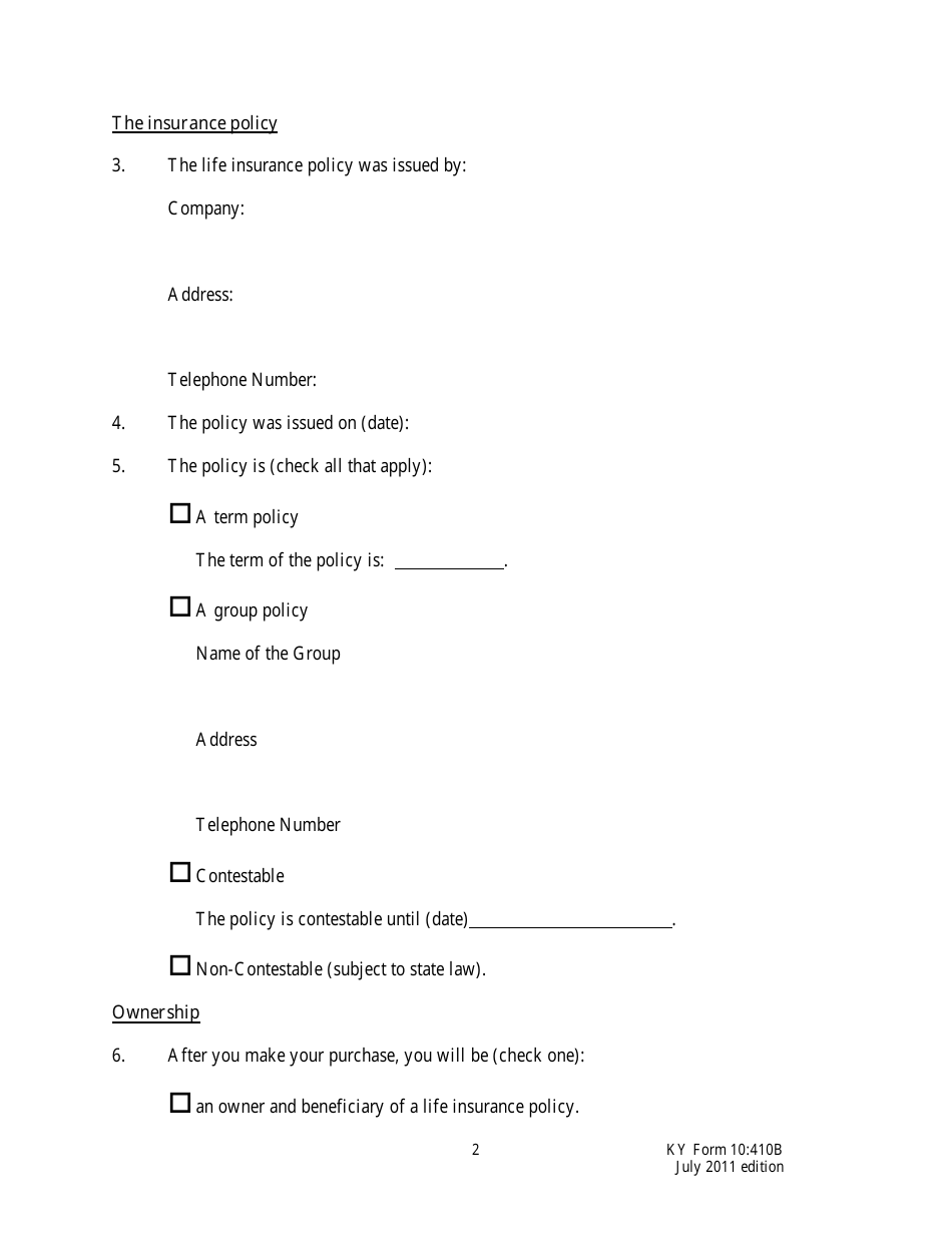 Form 10:410B Life Settlement Disclosure Document Part B - Kentucky, Page 2