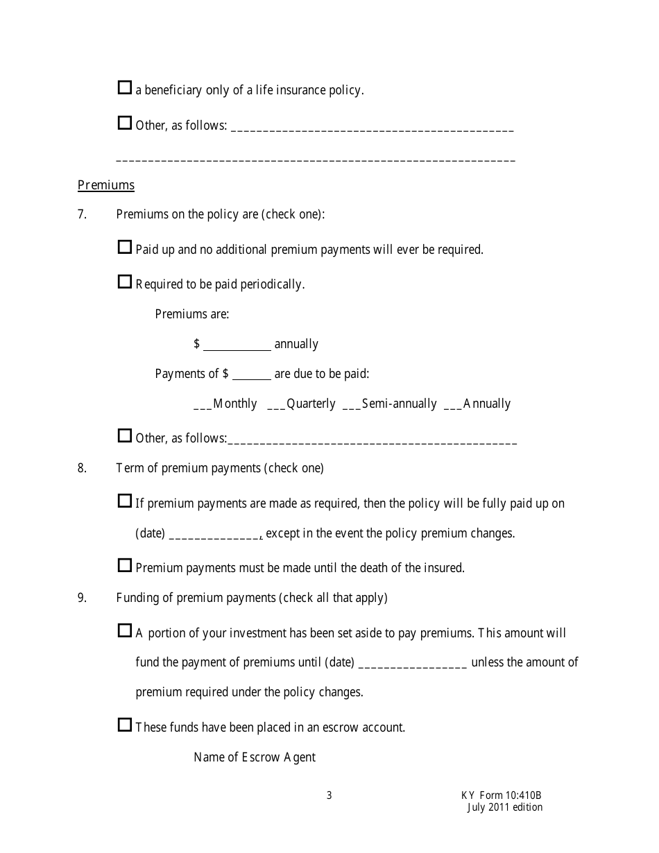 Form 10:410B Life Settlement Disclosure Document Part B - Kentucky, Page 3