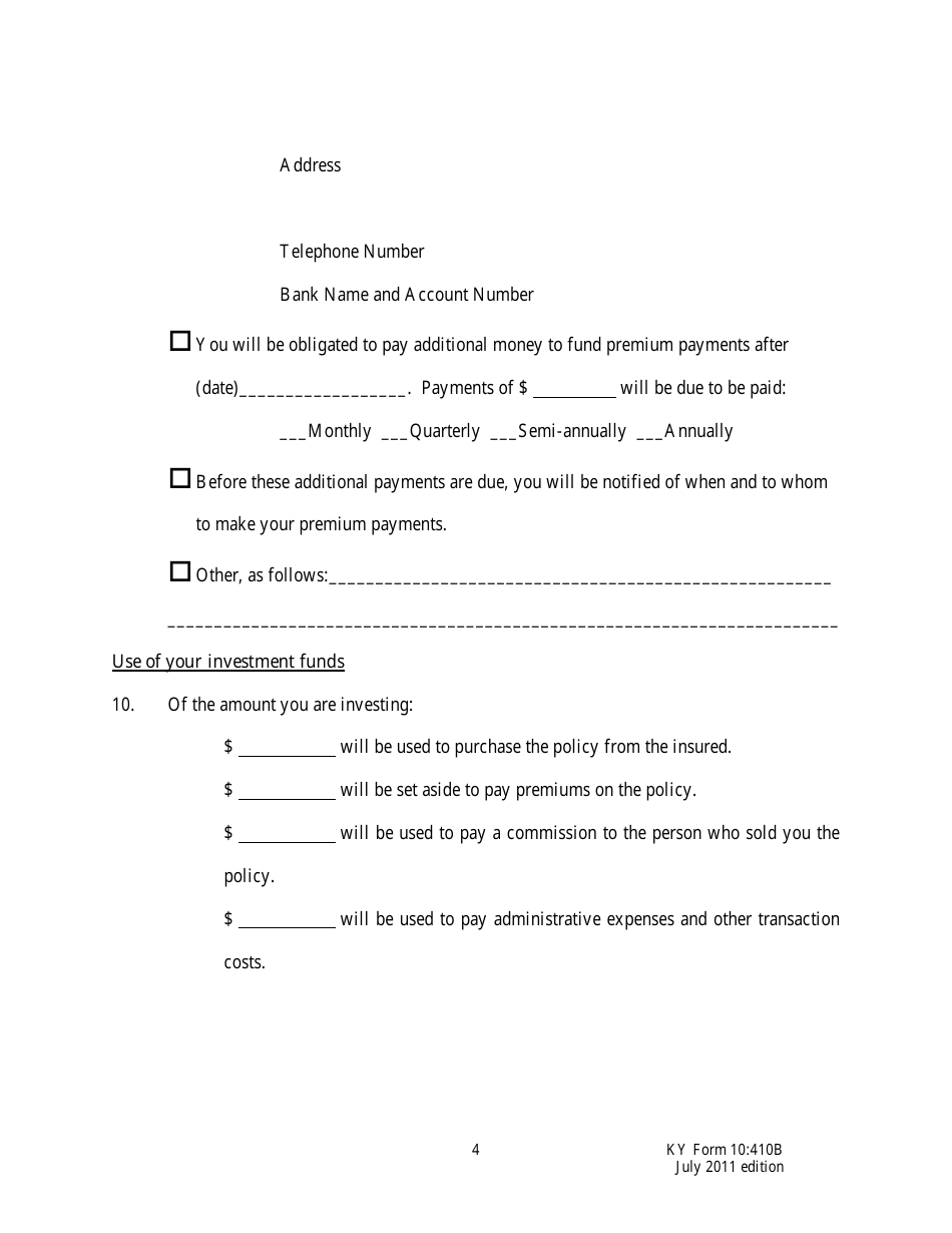 Form 10:410B Life Settlement Disclosure Document Part B - Kentucky, Page 4