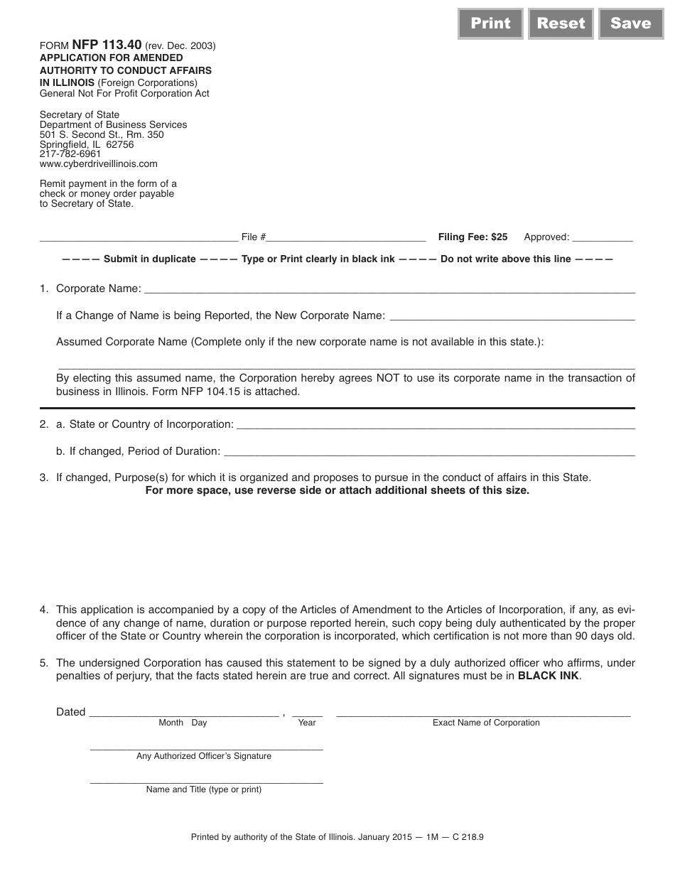 Form NFP113.40 Application for Amended Authority to Conduct Affairs in Illinois (Foreign Corporations) - Illinois, Page 1
