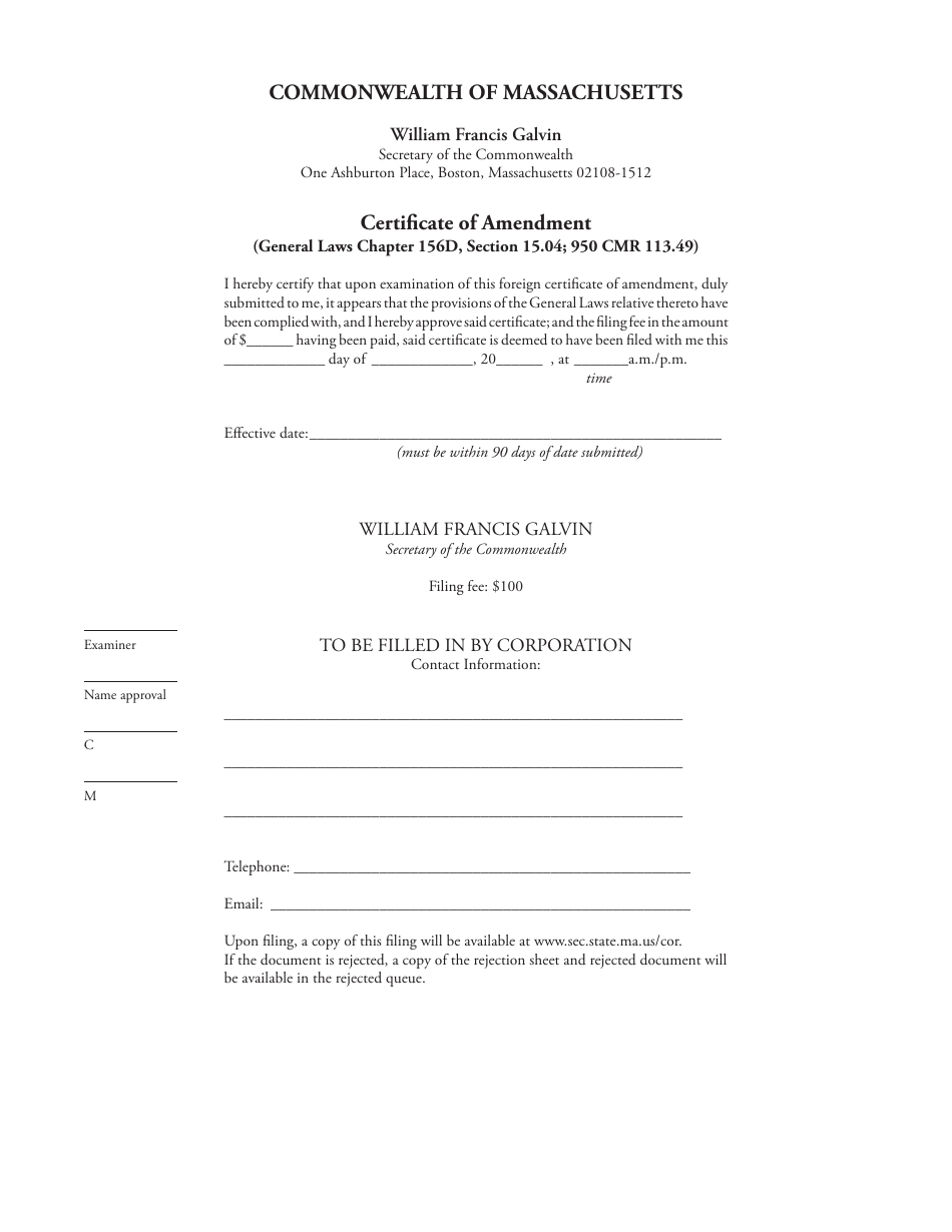 Massachusetts Certificate Of Amendment - Fill Out, Sign Online And ...