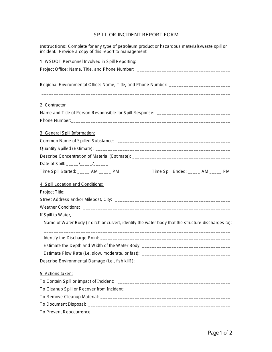 Spill or Incident Report Form - Washington, Page 1