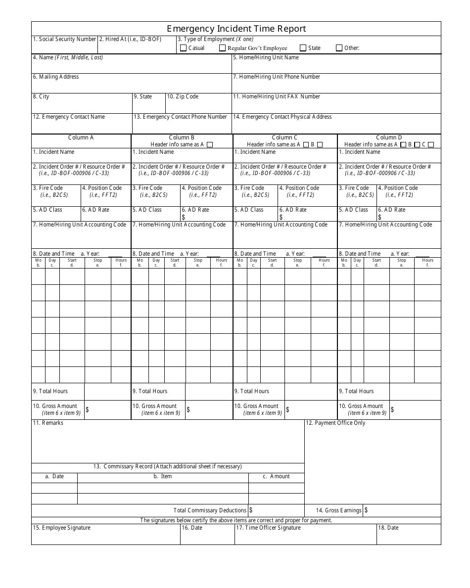 Emergency Incident Time Report Form, Page 1