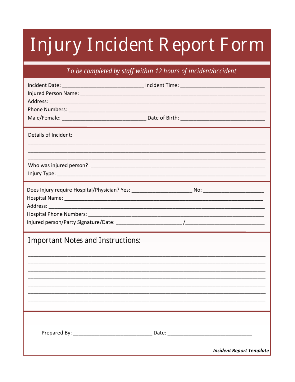 Injury Incident Report Form, Page 1