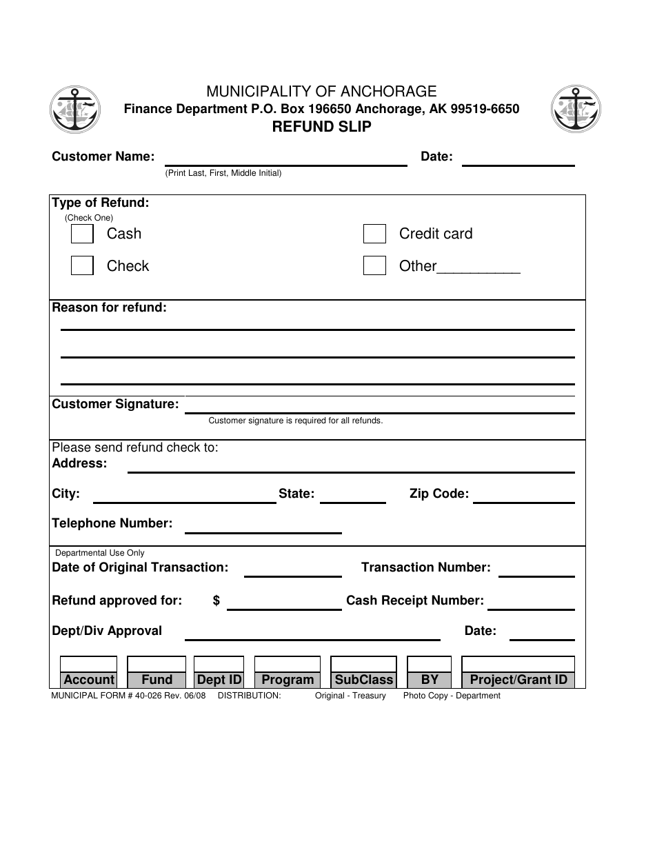 Form 40-026 Refund Slip - Municipality of Anchorage - Alaska, Page 1