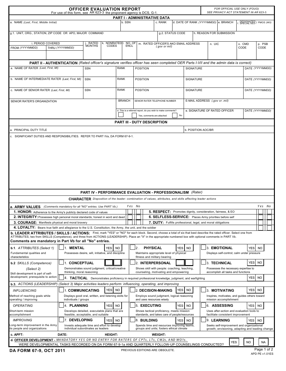 DA Form 67-9 Officer Evaluation Report, Page 1