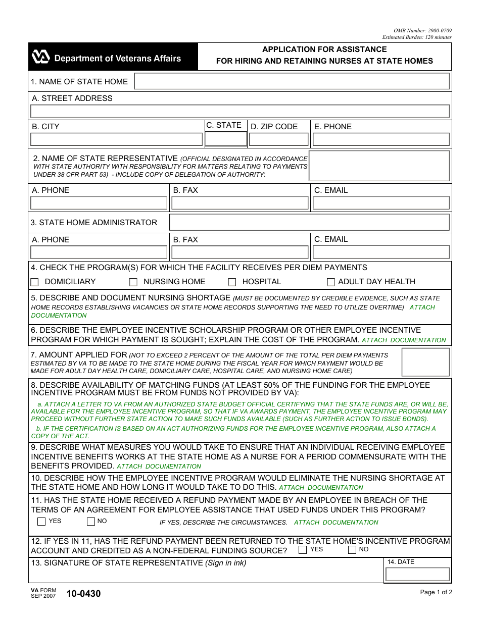 VA Form 10-0430 Application for Assistance for Hiring and Retaining Nurses at State Homes, Page 1