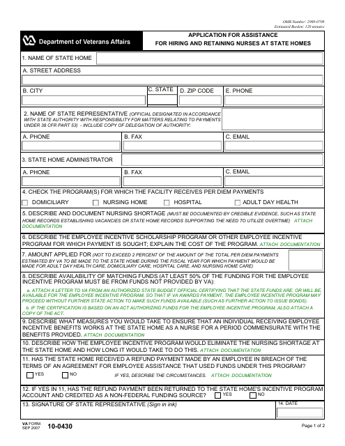 VA Form 10-0430 Application for Assistance for Hiring and Retaining Nurses at State Homes