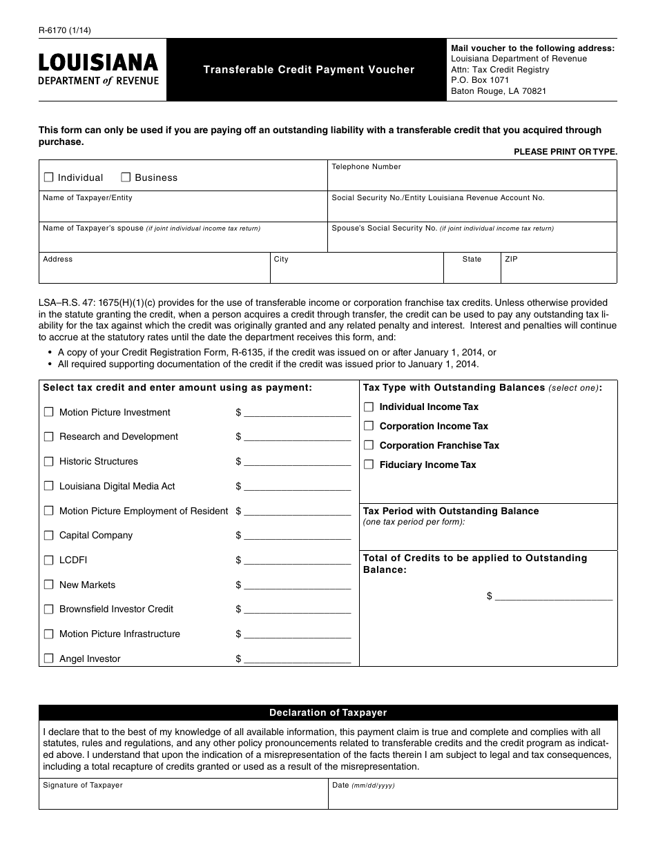 Form R-6170 Transferable Credit Payment Voucher - Louisiana, Page 1