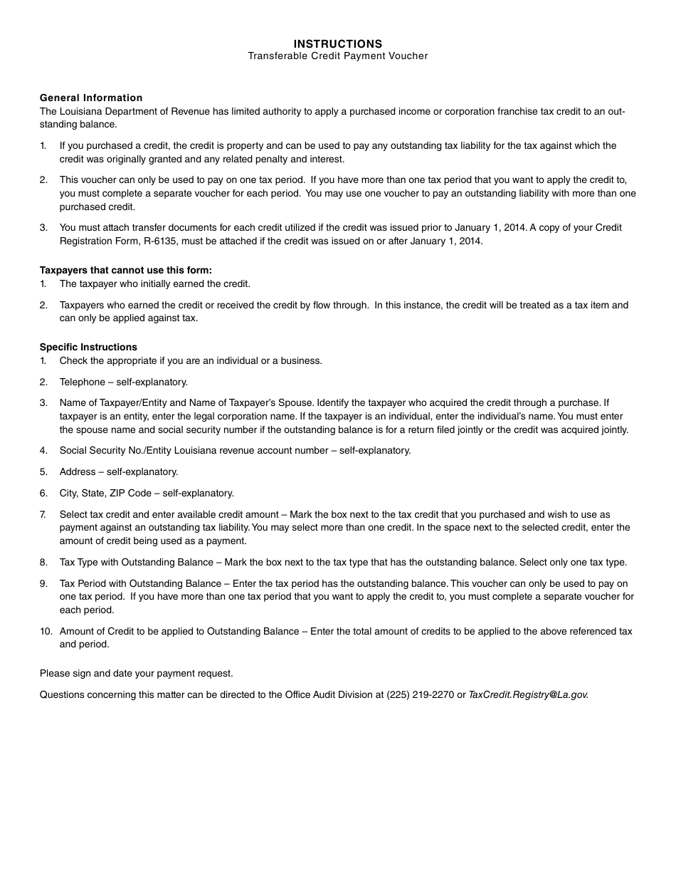 Form R-6170 Transferable Credit Payment Voucher - Louisiana, Page 2