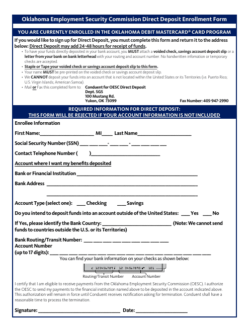 &quot;Direct Deposit Enrollment Form&quot; - Oklahoma Download Pdf