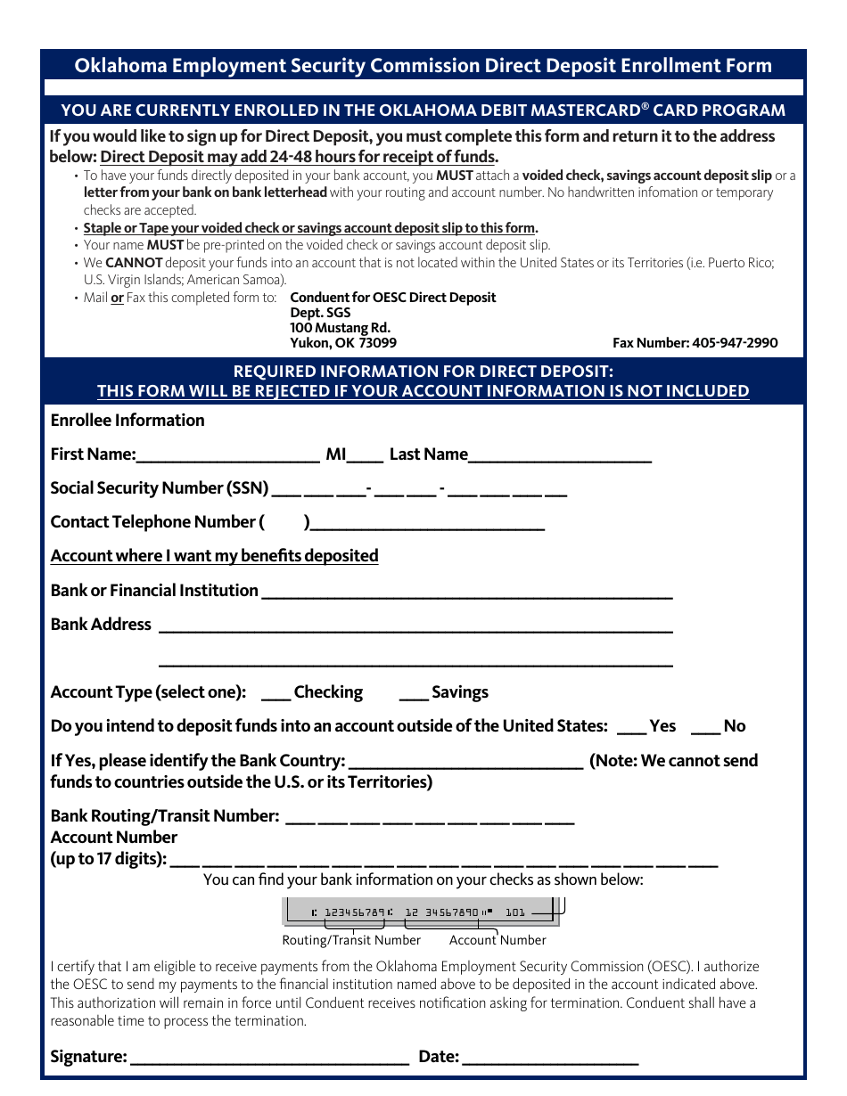 Direct Deposit Enrollment Form - Oklahoma, Page 1
