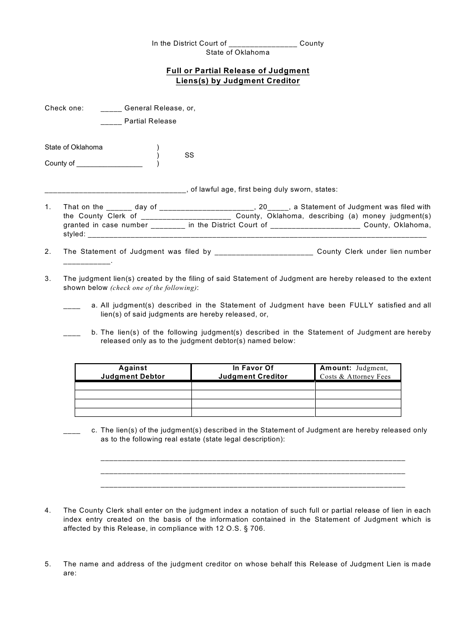 Form AOC21 Full or Partial Release of Judgment Liens by Judgment Creditor - Oklahoma, Page 1