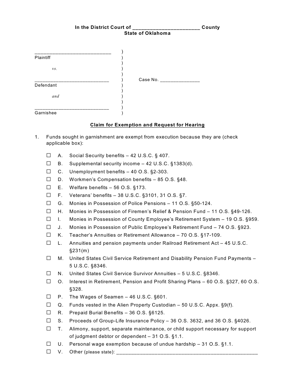 Form 22 Claim for Exemption and Request for Hearing - Oklahoma, Page 1