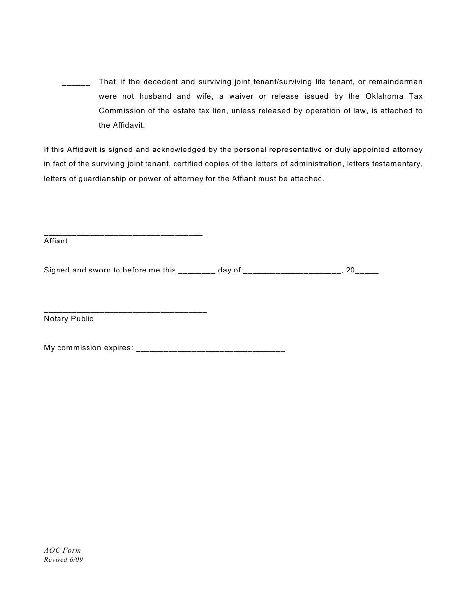 Oklahoma Affidavit of Surviving Joint Tenant - Fill Out, Sign Online ...