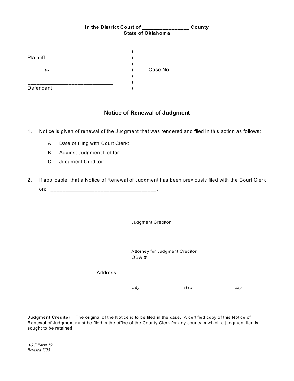 Form 59 Notice of Renewal of Judgment - Oklahoma, Page 1