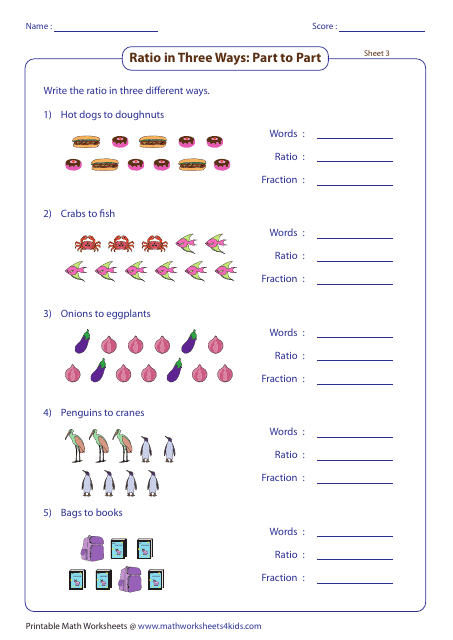 Worksheet titled "Writing Ratios in Different Ways" with answer key.