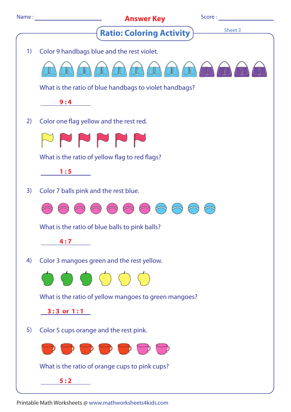 Coloring Activity Ratios Worksheet With Answer Key, Page 2