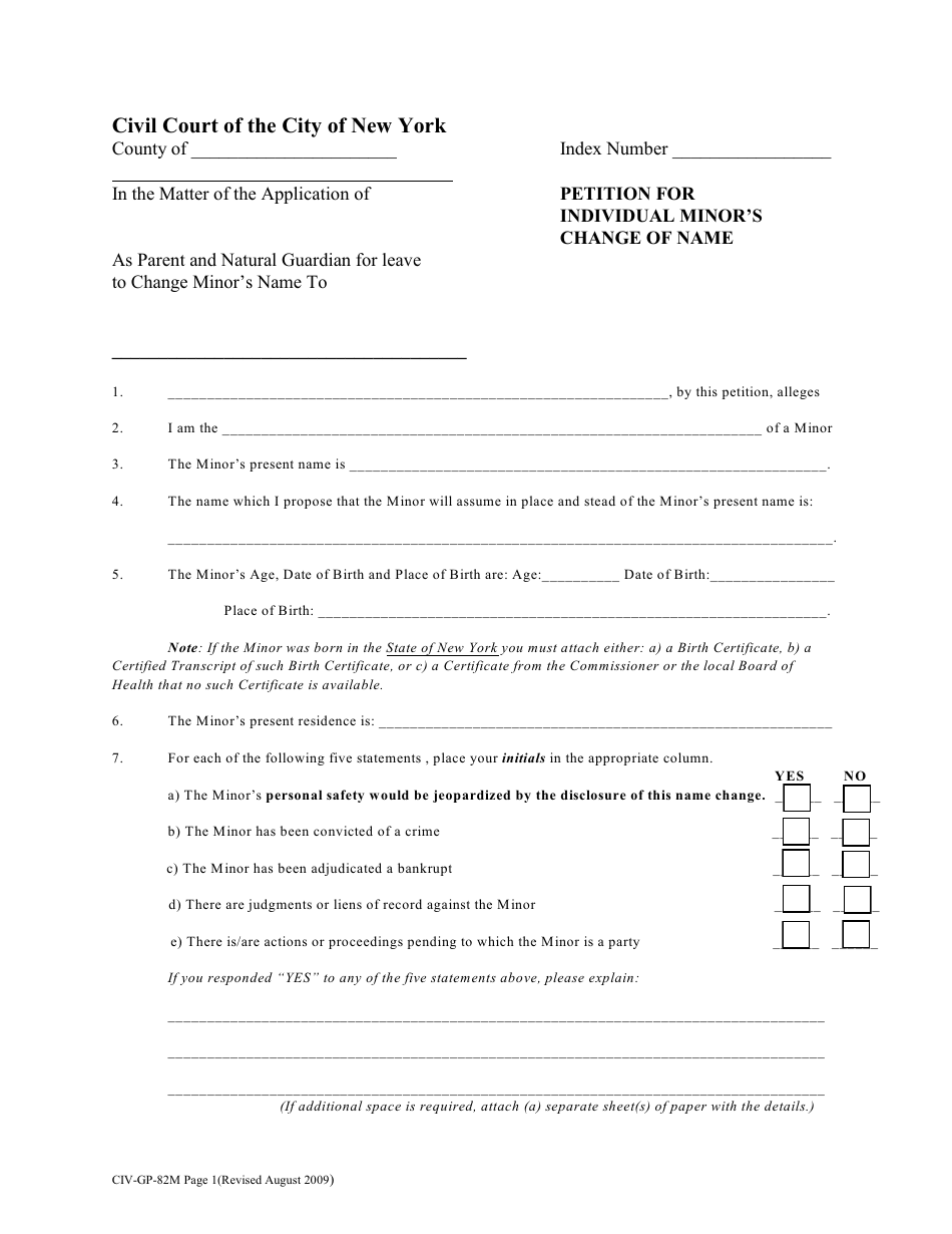 Form CIV-GP-82M Petition for Individual Minors Change of Name - New York City, Page 1