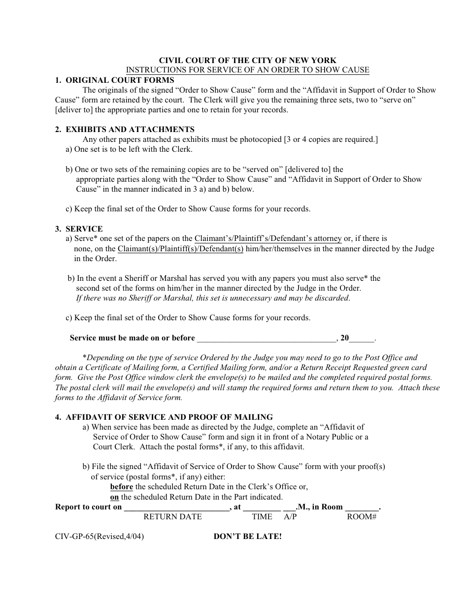 Instructions for Form CIV-GP-19 Affidavit of Service of Order to Show Cause and Affidavit in Support - New York City, Page 1