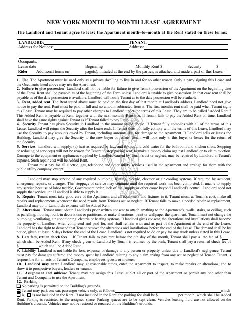 &quot;Month-To-Month Lease Agreement Template&quot; - New York Download Pdf