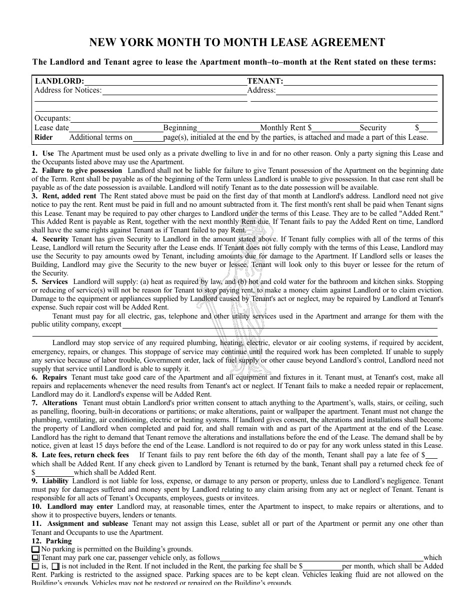 Month-To-Month Lease Agreement Template - New York, Page 1