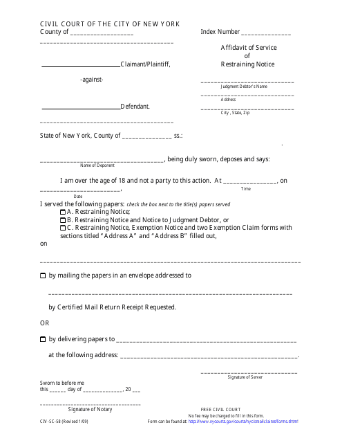 Form CIV-SC-58 Affidavit of Service of Restraining Notice - New York City