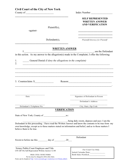 Form CIV-GP-58E Self Represented Written Answer and Verification - New York City