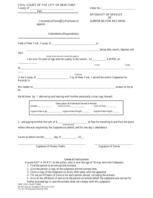 Form CIV-GP-70 Affidavit of Service of Subpoena of Records - New York City