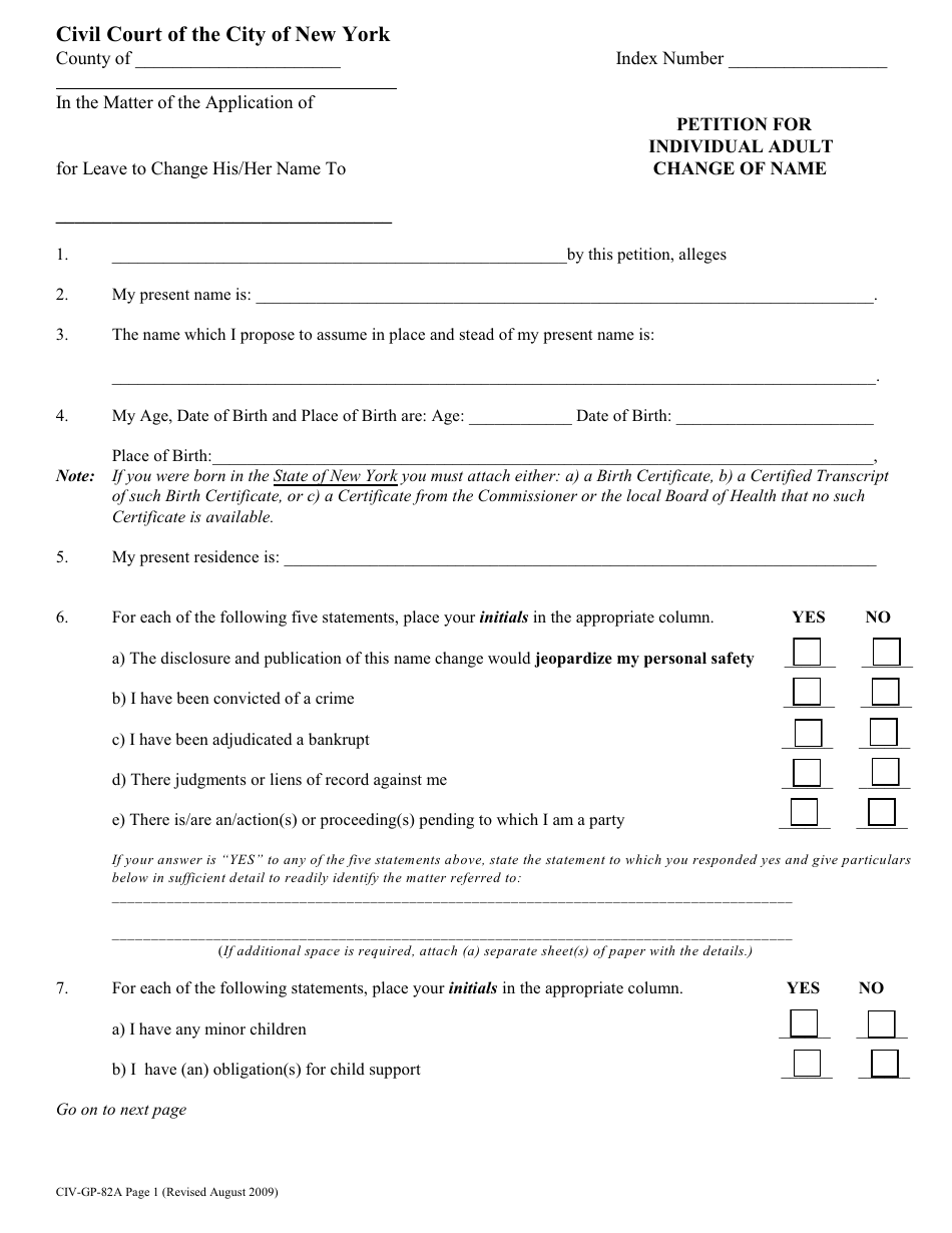 Form CIV-GP-82A Petition for Individual Adult Change of Name - New York City, Page 1