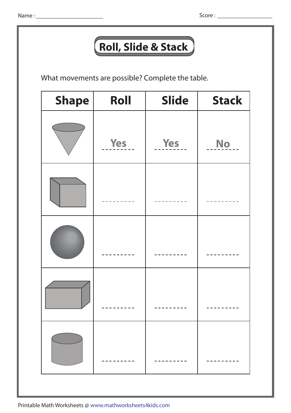 Roll, Slide and Stack Shapes Worksheet With Answers Preview