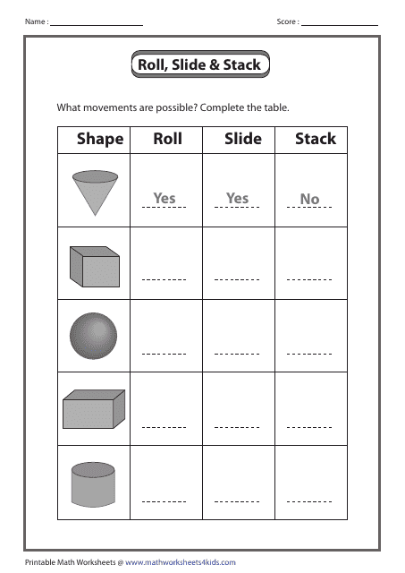 Roll, Slide and Stack Shapes Worksheet With Answers Download Printable