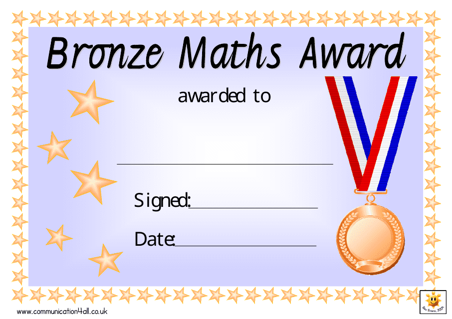Bronze Maths Award Certificate Template Preview