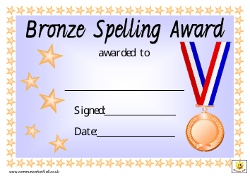 Document preview: Bronze Spelling Award Certificate Template