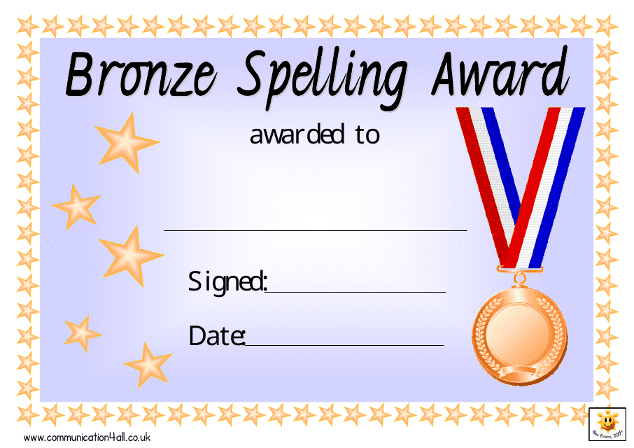 Bronze Spelling Award Certificate Template