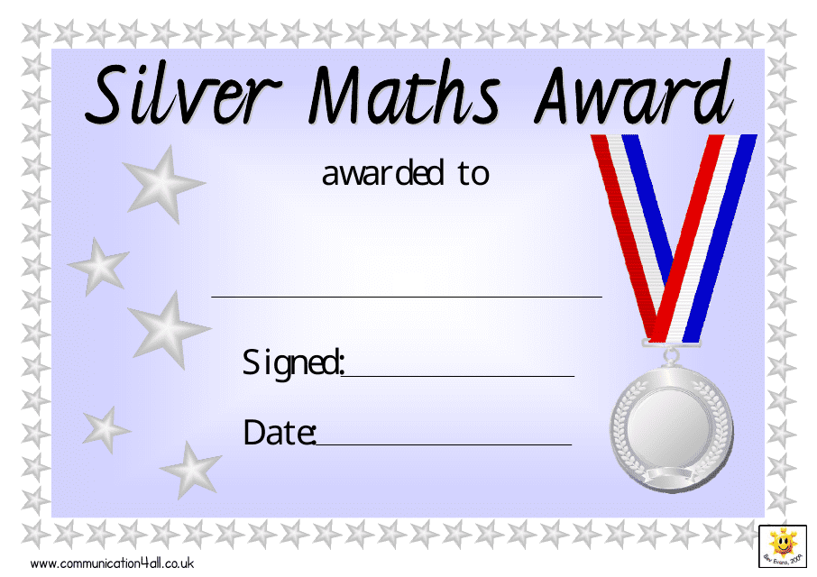 Silver maths award certificate template with elegant design and trophy symbol