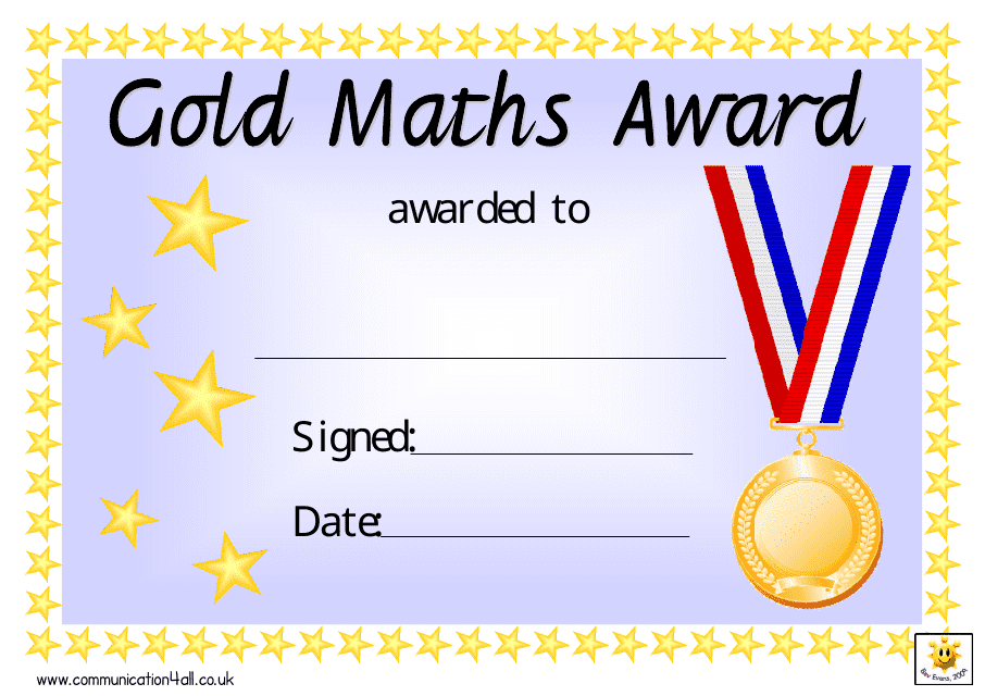 Gold Maths Award Certificate Template Preview